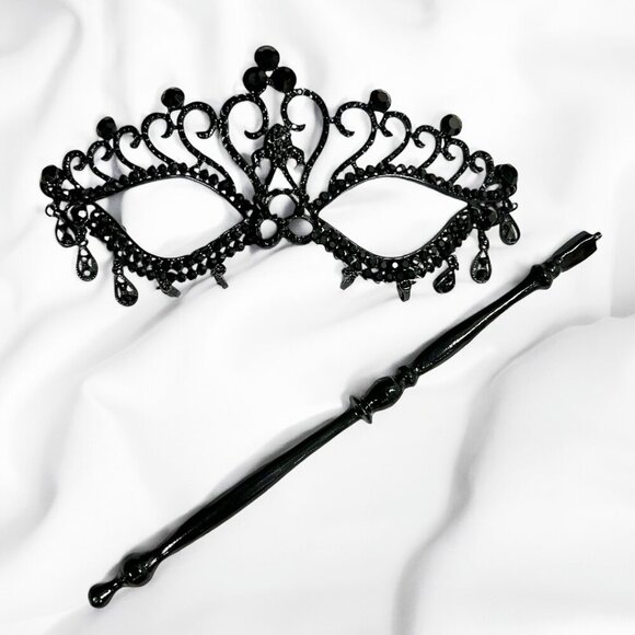 Black Masquerade Mask with Stick, Crystal Masquerade Mask, Prom Mask, Party Mask - Picture 9 of 9